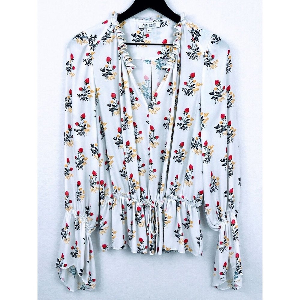 Derek Lam Collective Floral Print Tie Waist Long Sleeve Blouse Ivory SZ 42 US 6